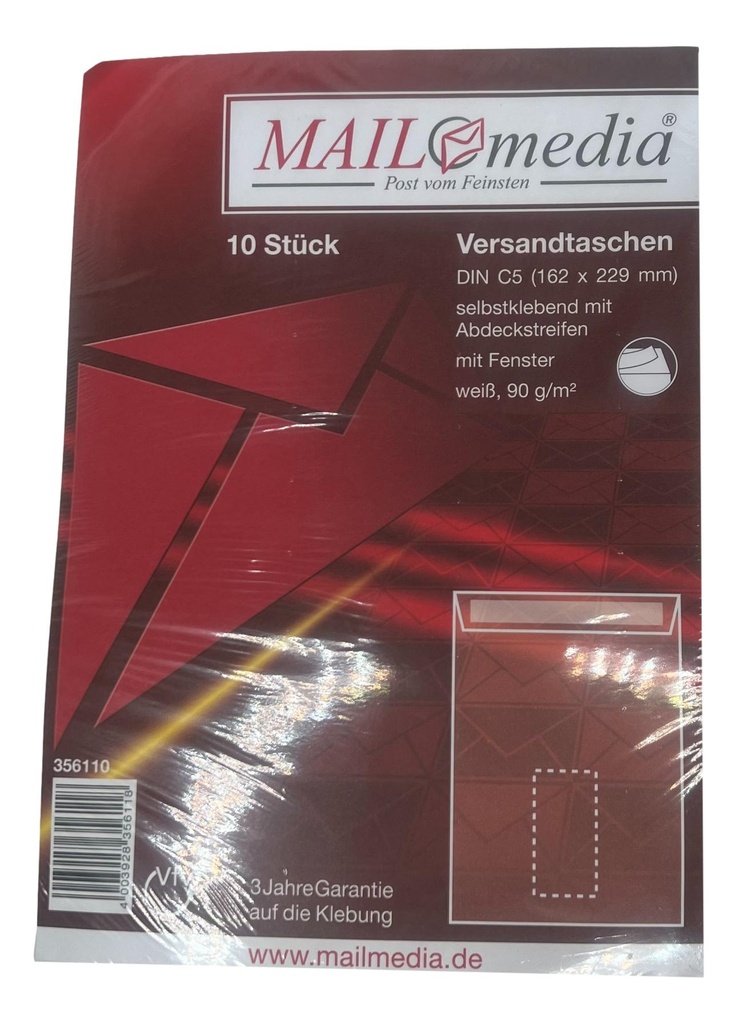 MailMedia Versandtaschen mit Fenster DIN C6 10 Stück pro Packung weiß 90g