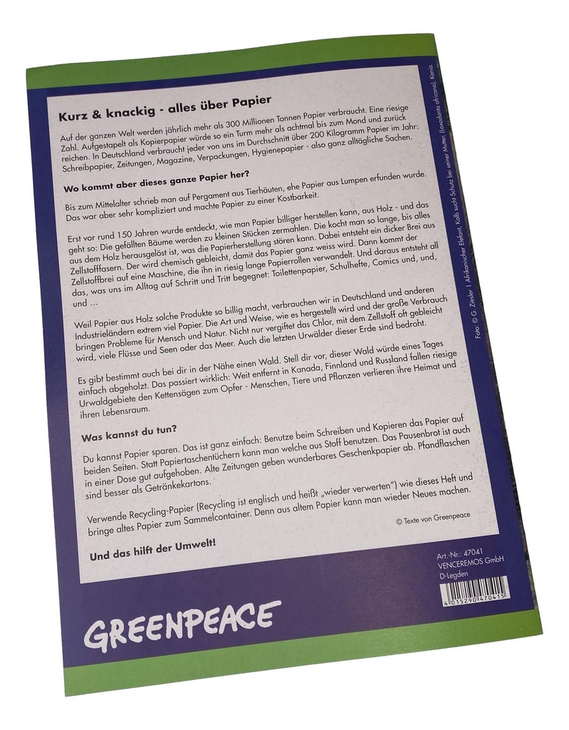 Greenpeace Schreibheft DIN A4 liniert Lineatur 1 Schulhefte Kinder Schule Neu
