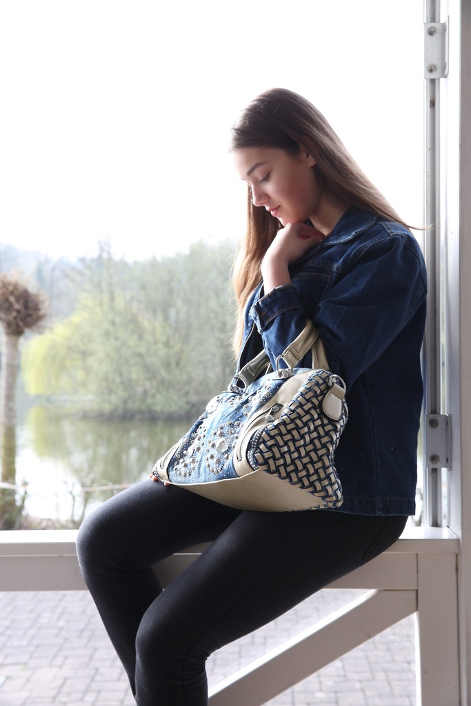 Jeans Umhängetasche, Tasche mit Strass Steinen, Handtasche