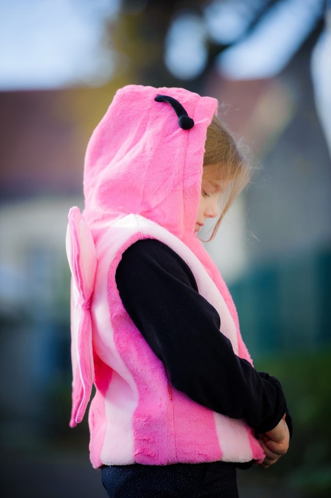 Flauschige Kinderweste in Pink mit Schmetterlingsmotiv, Kapuze. Unterhaltsam