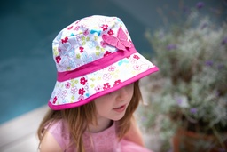 [108] Kinderhut Sommerhut mit Blümchen Mädchen Fischerhut Pink Kinder Mütze