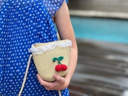[76] Strandtasche Tasche aus Stroh Kinder Tasche Kirschenstrick Kindertasche Beige